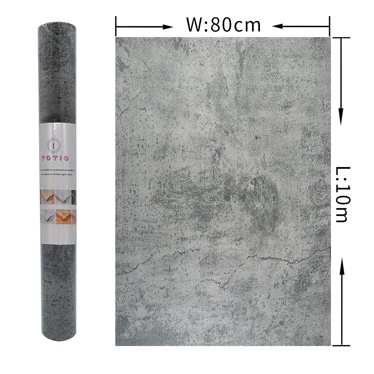 TOTIO Carta da Parati Autoadesiva Grigio Cemento, 80cmx10m, Texture Spessa Opaca, Pellicola per Mobili Impermeabile, Adesivo Muro Decorativo per Camera da Letto