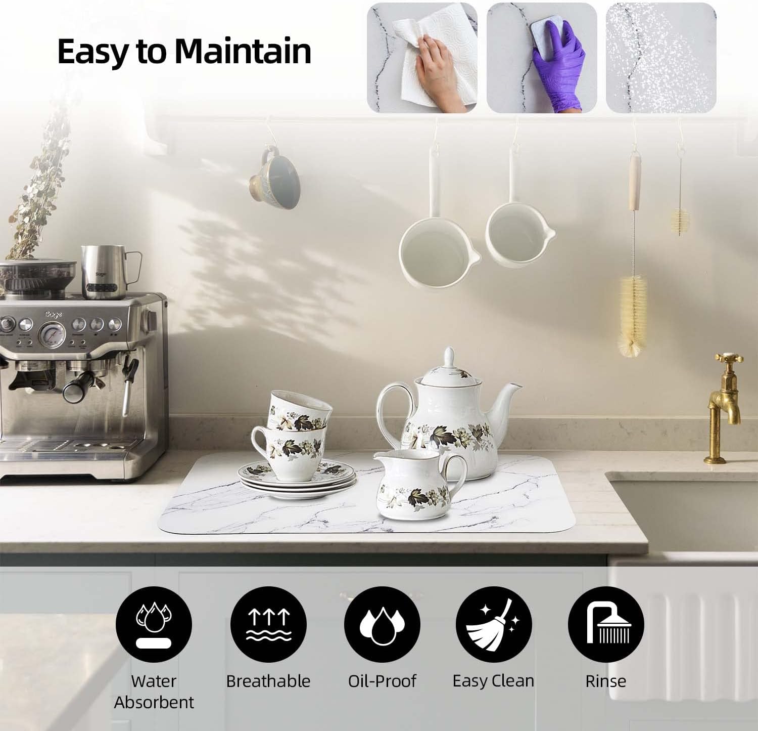 Quick Dish Drying Mat for Kitchen Counter, Hide Stain Absorbent Rubber Backed Non-slip Coffee Mat,Fast Drying Coffee Bar Accessories,Super Absorbent Drying Mat.(16x24in,White)