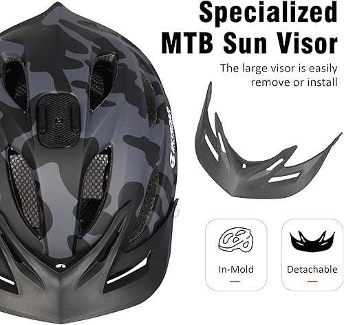 Miniatura 5 de Casco de bicicleta de montaña Bosoar, casco de ciclismo para adultos con soporte para cámara y visera desmontable para hombres, mujeres y jóvenes,