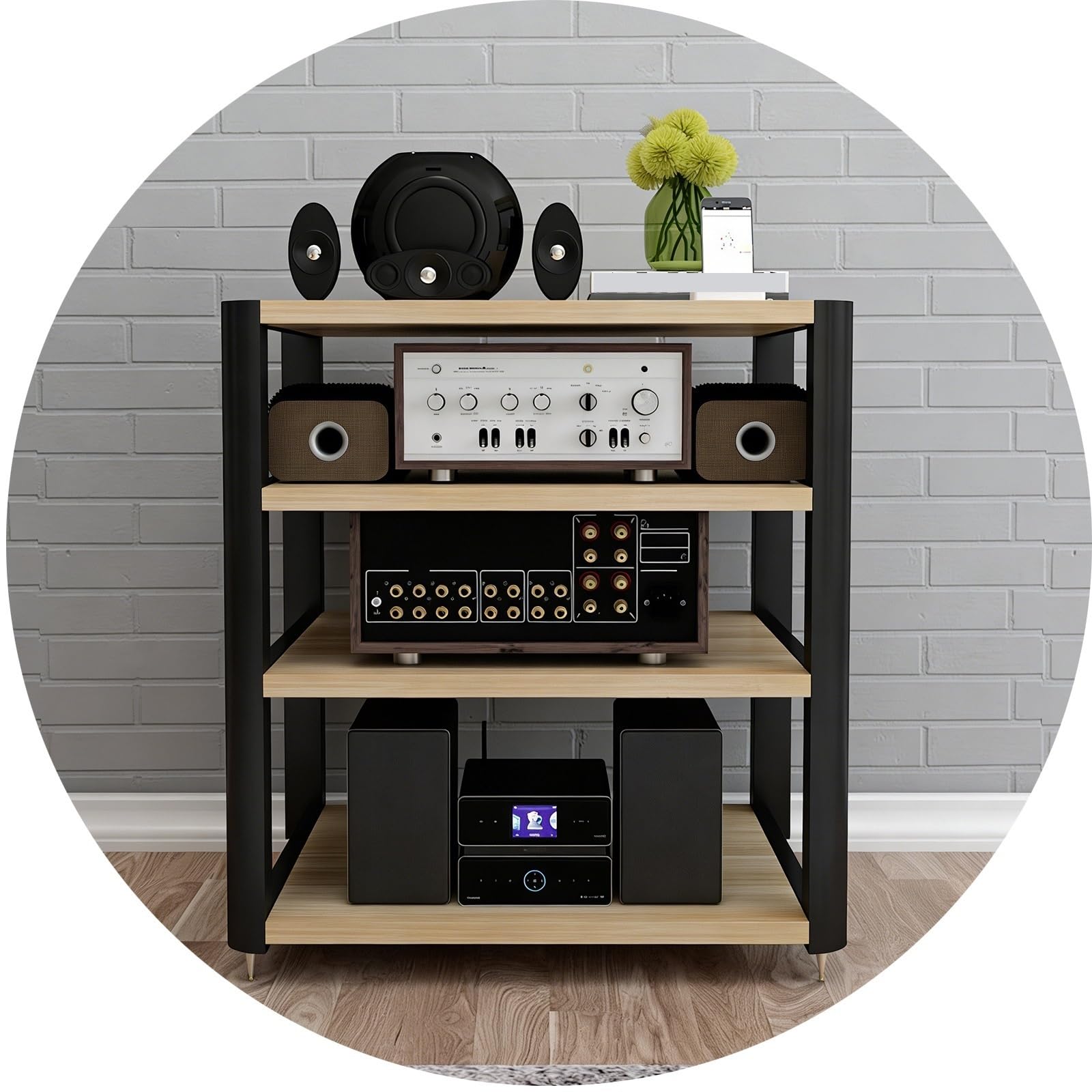 Armadio rack audio multifunzione, supporto amplificatore da pavimento in legno per proiettori stereo e lettori CD, design con angoli arrotondati, soluzione ideale per l'intrattenimento domestico