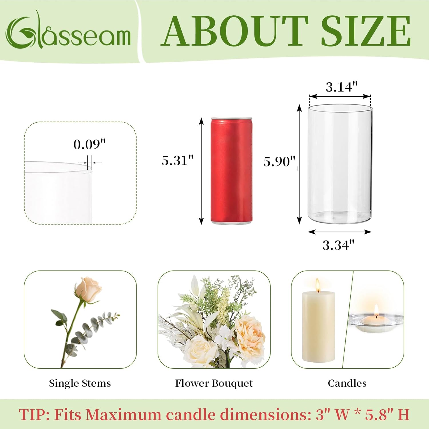 Glasseam Glass Cylinder Vases for Centerpieces, Small Clear Flower Vase Set of 12, Modern Floating Candle Vases Decor, Decorative Hurricane Candle Holders for Wedding Dining Table Decorations, 6in 12 6in