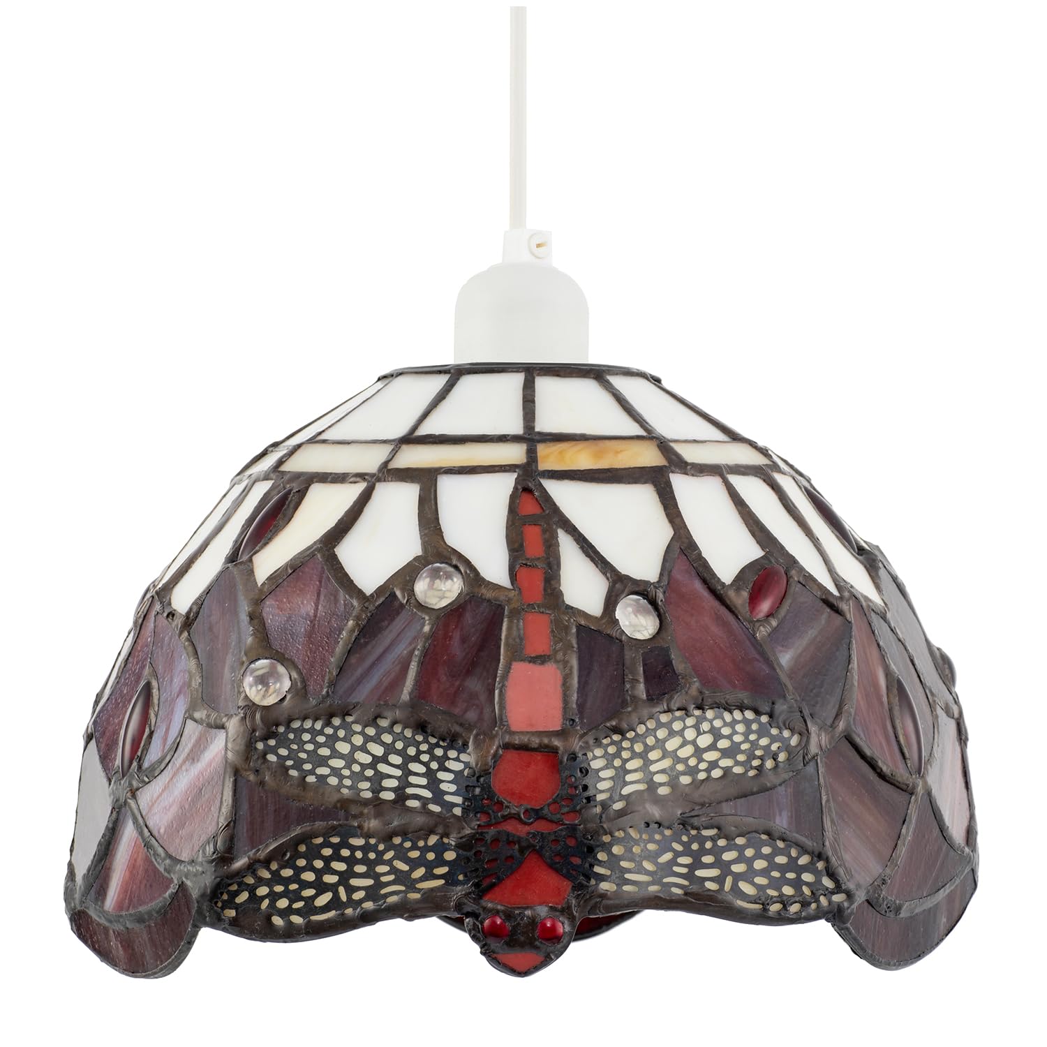 Traditional Deep Red and White Stained Glass Dragonfly Tiffany Pendant Lighting Shade | 20cm x 14cm | 40w Maximum by Happy Homewares