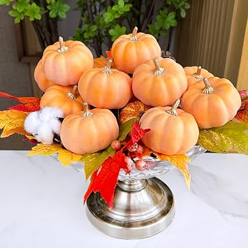 Winlyn 12 Pcs Small Artificial Orange Pumpkins Decorative Fall Pumpkins Rustic Harvest Pumpkins Foam Pumpkins for Gifts Wedding Baby Shower Thanksgiving Halloween Table Centerpiece Mantel Bowl Decor