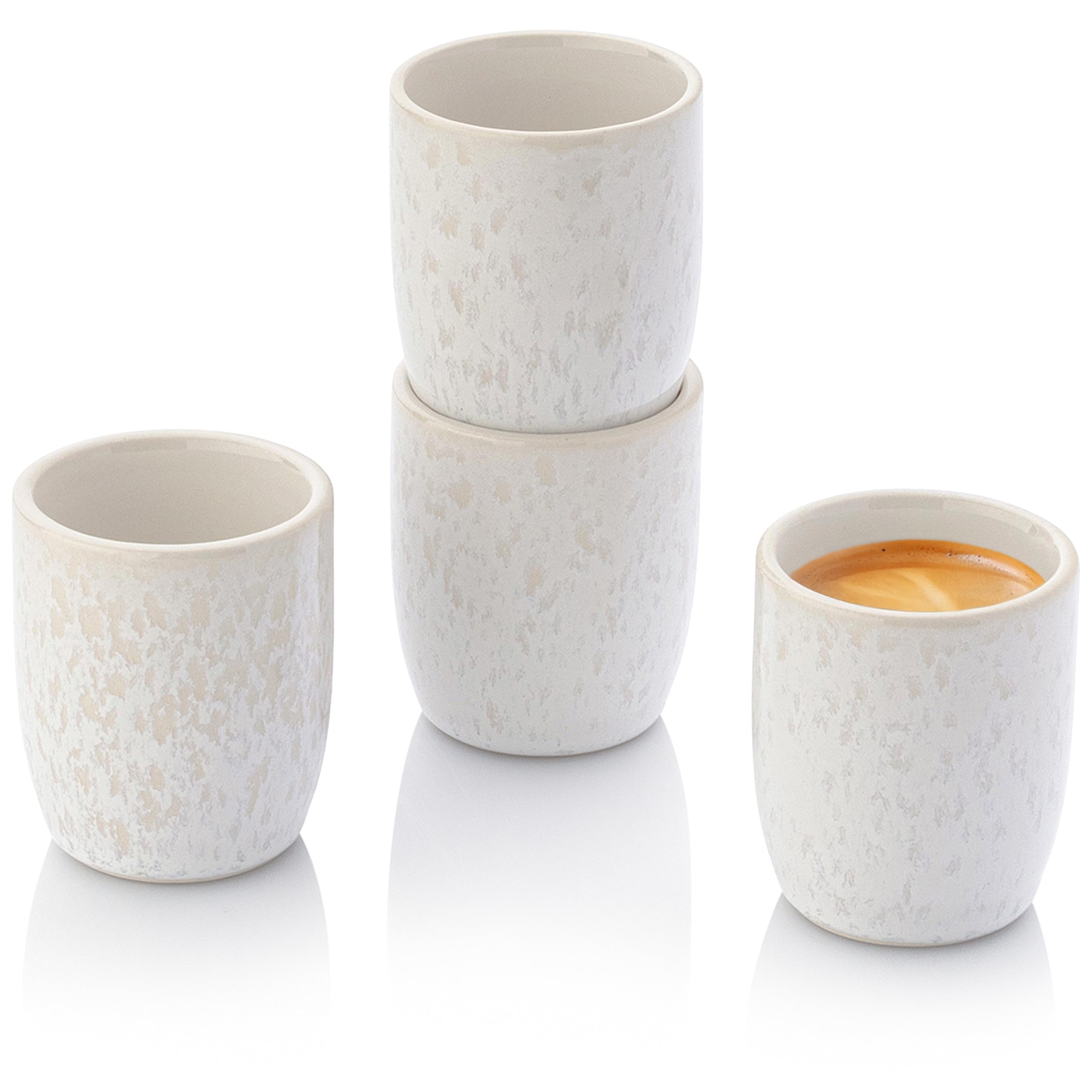 SÄNGER | Espresso Tassen Set Korfu 4 tlg, Espresso- & Mokkatassen 4 Personen, Espressotassen Steingut, Espressotassen Set, Espresso Cup Creme Farben mit Sandiger Maserung 80 ml | PREMIUM COLLECTION