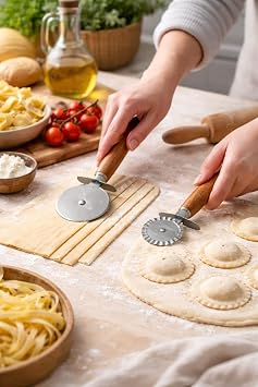 2’li Hamur Kesici Rulet Seti, Düz ve Tırtıklı Pizza ve Makarna Kesici, Ahşap Saplı Paslanmaz Çelik Mutfak Aleti,Ahşap Saplı Hamur Kesme Ruleti 2’li Set, Pizza Dilimleyici ve Mantı Kesici