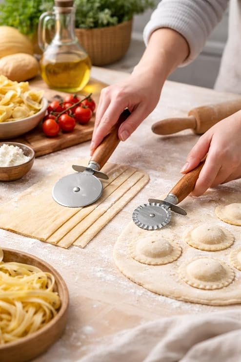 2’li Hamur Kesici Rulet Seti, Düz ve Tırtıklı Pizza ve Makarna Kesici, Ahşap Saplı Paslanmaz Çelik Mutfak Aleti,Ahşap Saplı Hamur Kesme Ruleti 2’li Set, Pizza Dilimleyici ve Mantı Kesici