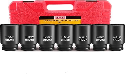 TONYNOL Juego de llaves de impacto profundo de 12 pulgada, 6 puntos, SAE (12 unidad de 1-38 pulgadas a 1-34 pulgadas), 7 piezas, Cr-Mo, juego de