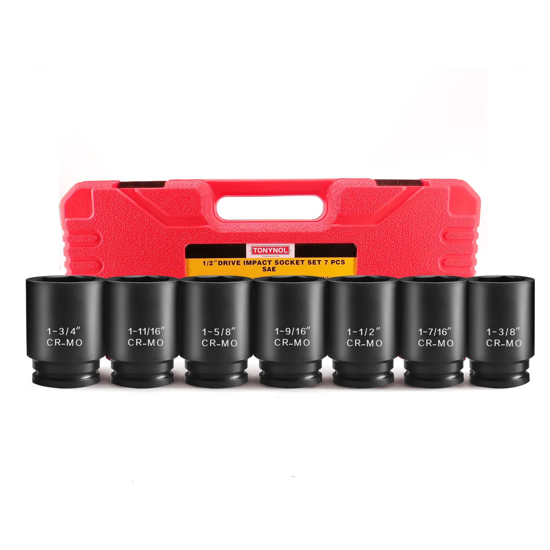 TONYNOL 1/2 Inch Drive Deep Impact Socket Set, 6-Point, SAE(1/2 Drive 1-3/8"to1-3/4"), 7 PCS, Cr-Mo, Heavy Duty Impact Socket Set, with a strong case