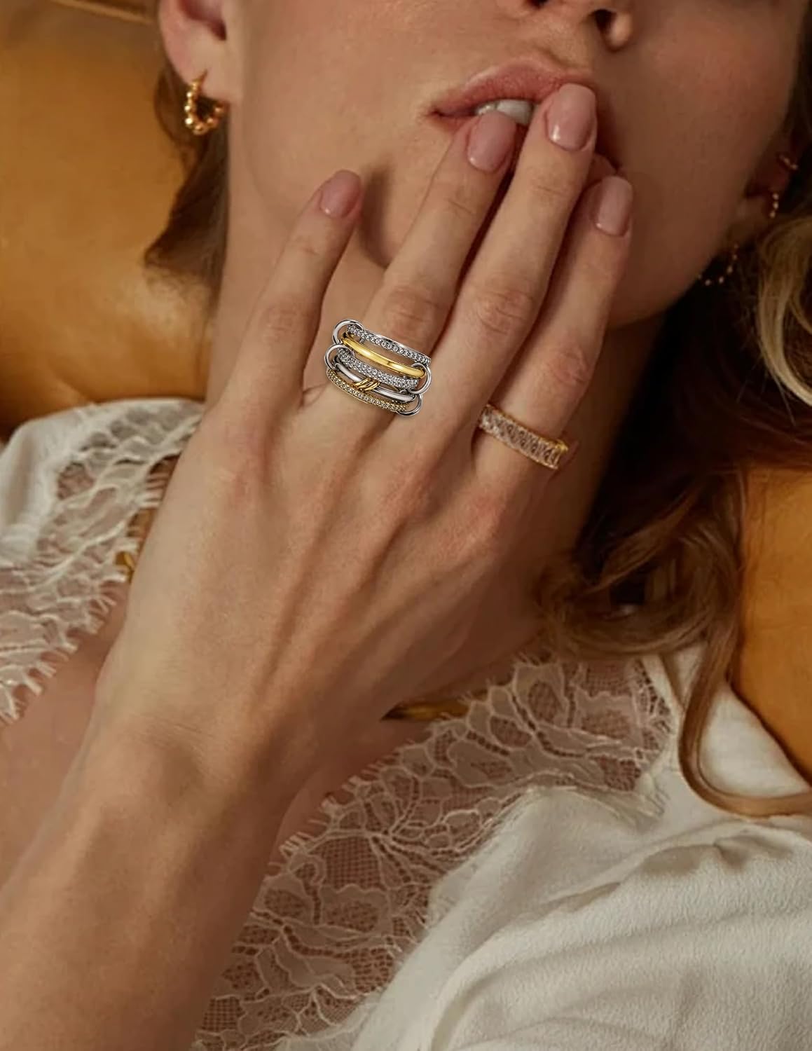 Statement Rings for Women, 18k Gold Plated Stackable Cubic Zirconia Rings, Silver Gold Multi Ring Mixed Metals Stackable Ring Set for Women Non Tarnish
