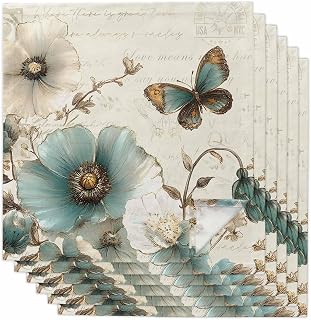 Turquoise Flowers Cloth Napkins Washable Set of 6, 20 x 20 Inch Reusable Rustic Spring Botanical Floral Butterfly Dinner Table Napkins Cloth Bulk for Weddings Kitchen Restaurants Hotel Events Parties