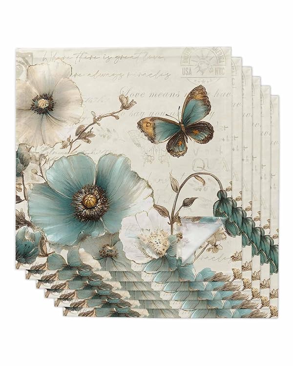 Turquoise Flowers Cloth Napkins Washable Set of 6, 20 x 20 Inch Reusable Rustic Spring Botanical Floral Butterfly Dinner Table Napkins Cloth Bulk for Weddings Kitchen Restaurants Hotel Events Parties by SODIKA - Used condition - US$19.39