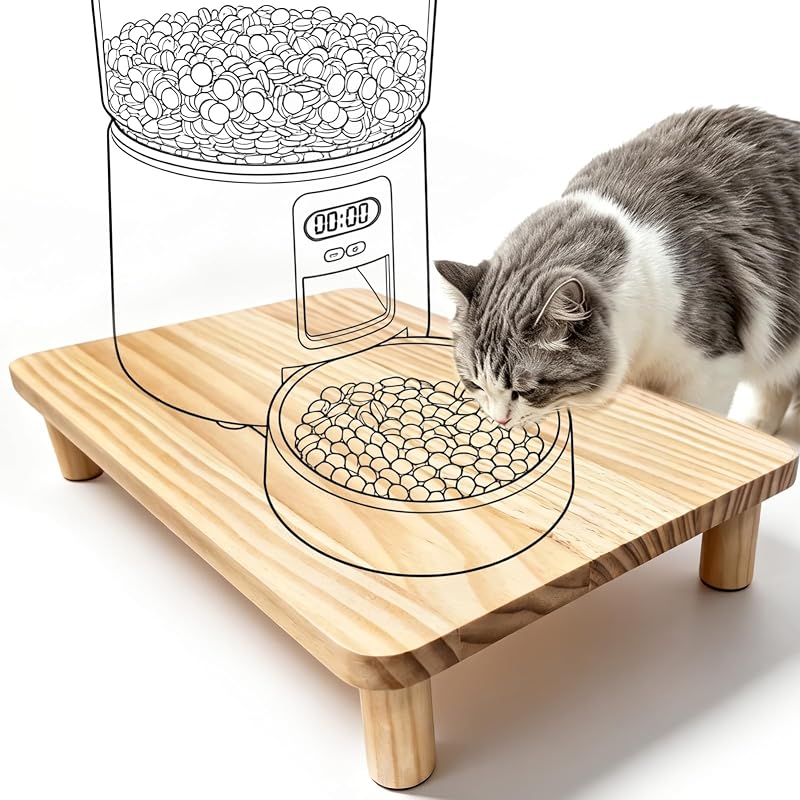 Comedouro elevado para gatos em madeira de pinho SZEE para alimentador automático e tigelas 39,4 x 24,9 x 7,9 cm