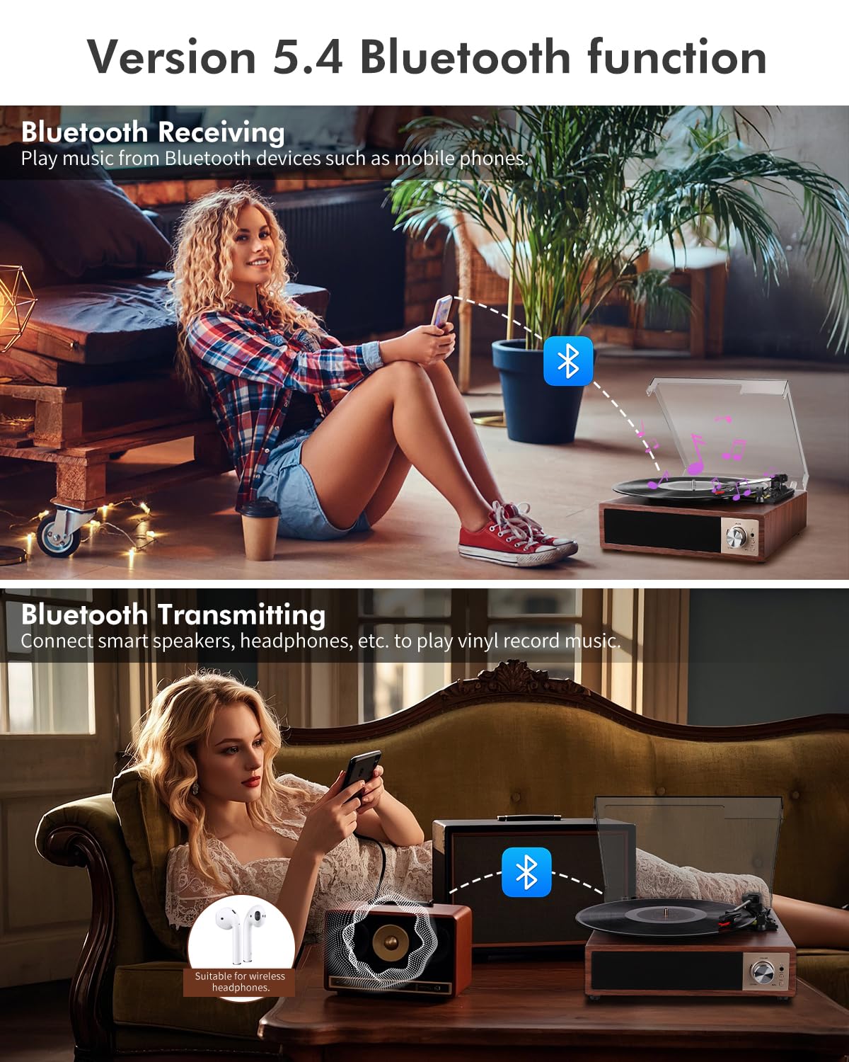 VIFLYKOO Plattenspieler, Schallplattenspieler Bluetooth 5.4 mit 2 Stereo-Lautsprecher, Wireless 3-Gang 33/45/78 u/min, Vinyl Player unterstützt Kopfhöreranschluss/AUX-Eingang/RCA-Ausgang/USB, Mahagoni