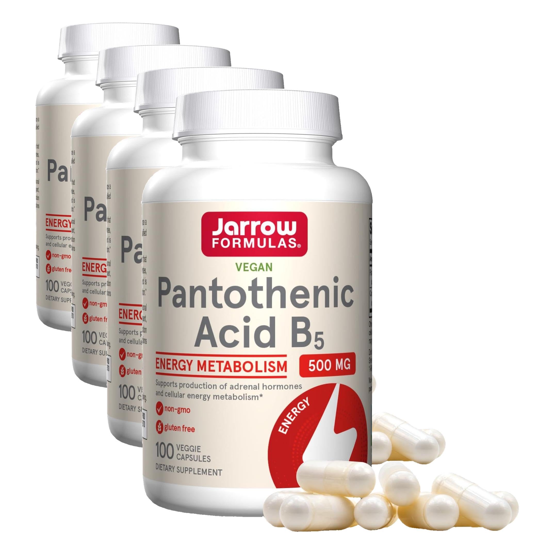 Jarrow Formulas Pantothenic Acid B5 500 mg - 100 Veggie Caps - Essential B Vitamin Dietary Supplement - Energy Production & Metabolism Support - 100 Servings (Pack of 4) 100 Count (Pack of 4)