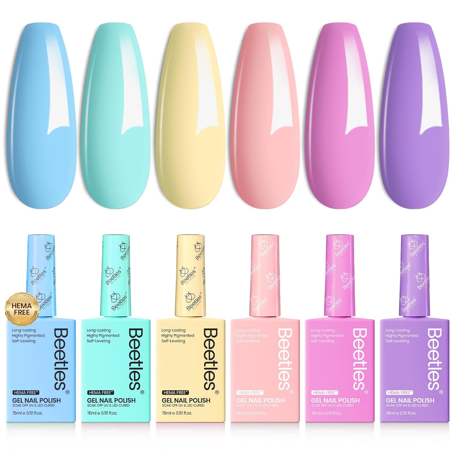 Beetles Pastel Gel Polish - Fairy Tale Dream 6 Colors Hema-Free Gel Polish Set, 15ML Pastel Yellow Pink Blue Purple Nail Colors, with Colorful Bottle Soak off Uv Led Lamp Nails