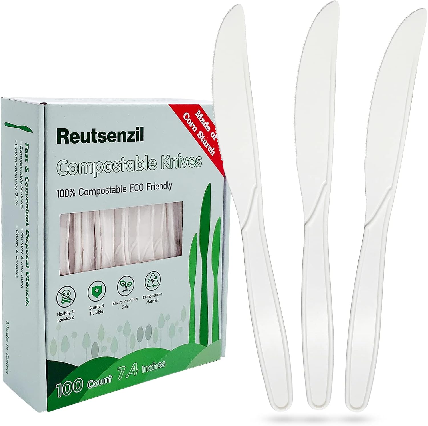 Reutsenzil Compostable Knives, 100 Count Disposal Knife Cutlery, Corn Starch Based
