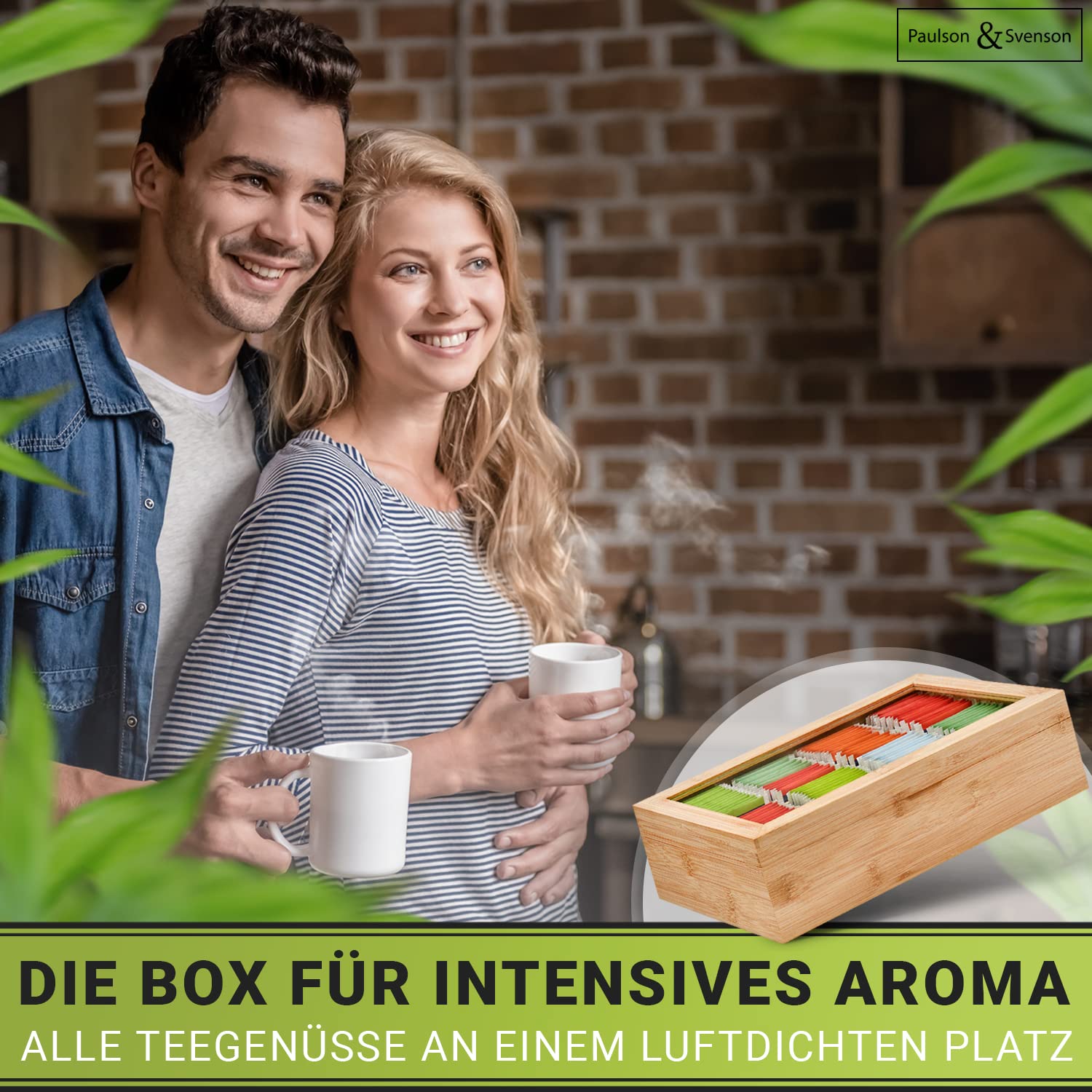 Paulson & Svenson - Boîte à thé durable avec 8 compartiments en bois - Rangement hermétique en bambou certifié - Organiseur de thé avec fermeture magnétique et couvercle en verre - Rangement des