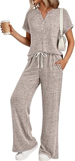 Trendy Queen 2 Piece Lounge Sets for Women Summer 2026 Henley Sweatsuit Travel Vacation Airport Outfits Pajamas Sets