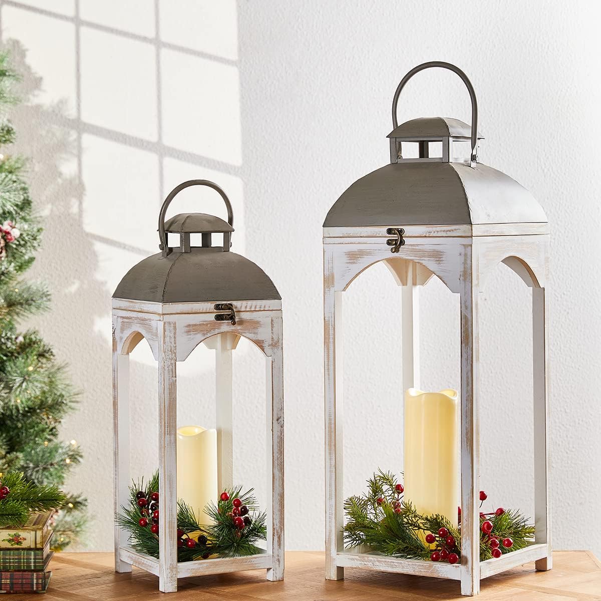 Diamond White Painted Wood Hanging Tabletop Candle Lantern Set