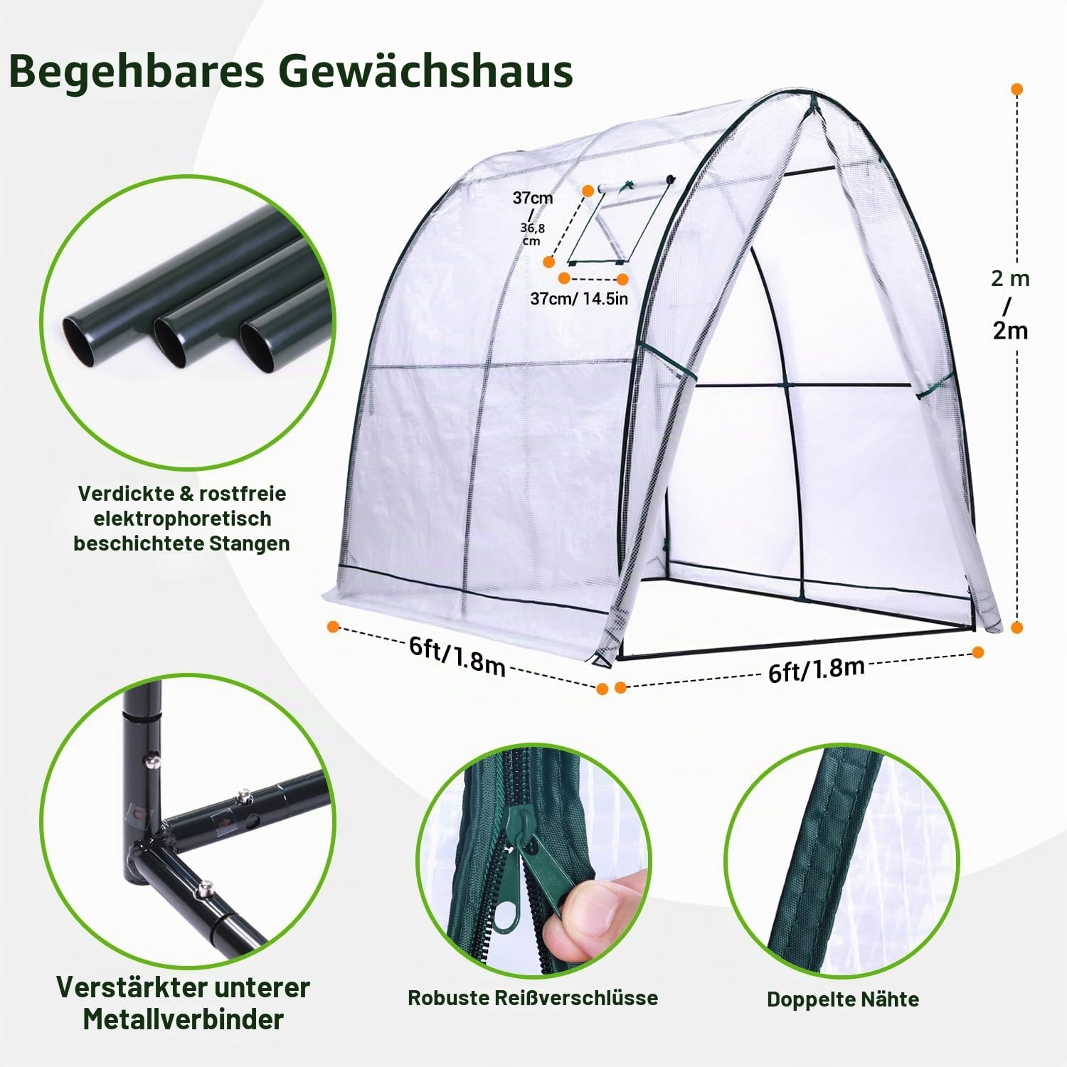 Ohuhu Gewächshaus Foliengewächshaus Tragbar Tomatenhaus Folientunnel, Robustes begehbares Gewächshaus mit Netzfenstern, langlebige Kunststoff-PE-Abdeckung für den Außenbereich 1,8x1,8x2 m Weiß