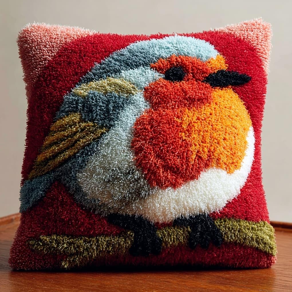 Henypt Latch Hook Cushion Kits for Adults 43x43cm,Animal Robin Creative Latch Hook Pillow Case Kit for Christmas Home Sofa Decoration