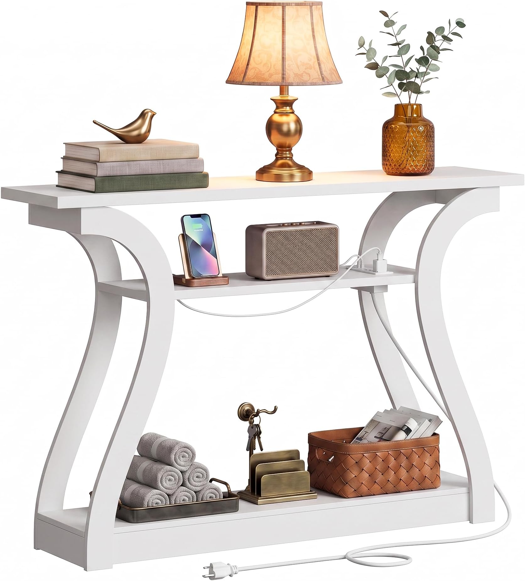 ZenStyle Wood Console Table with with Charging Station, 3 Tier Modern Accent Sofa Table for Entryway, Living Room, Hallway, 48 in Wide, Easy Assembly