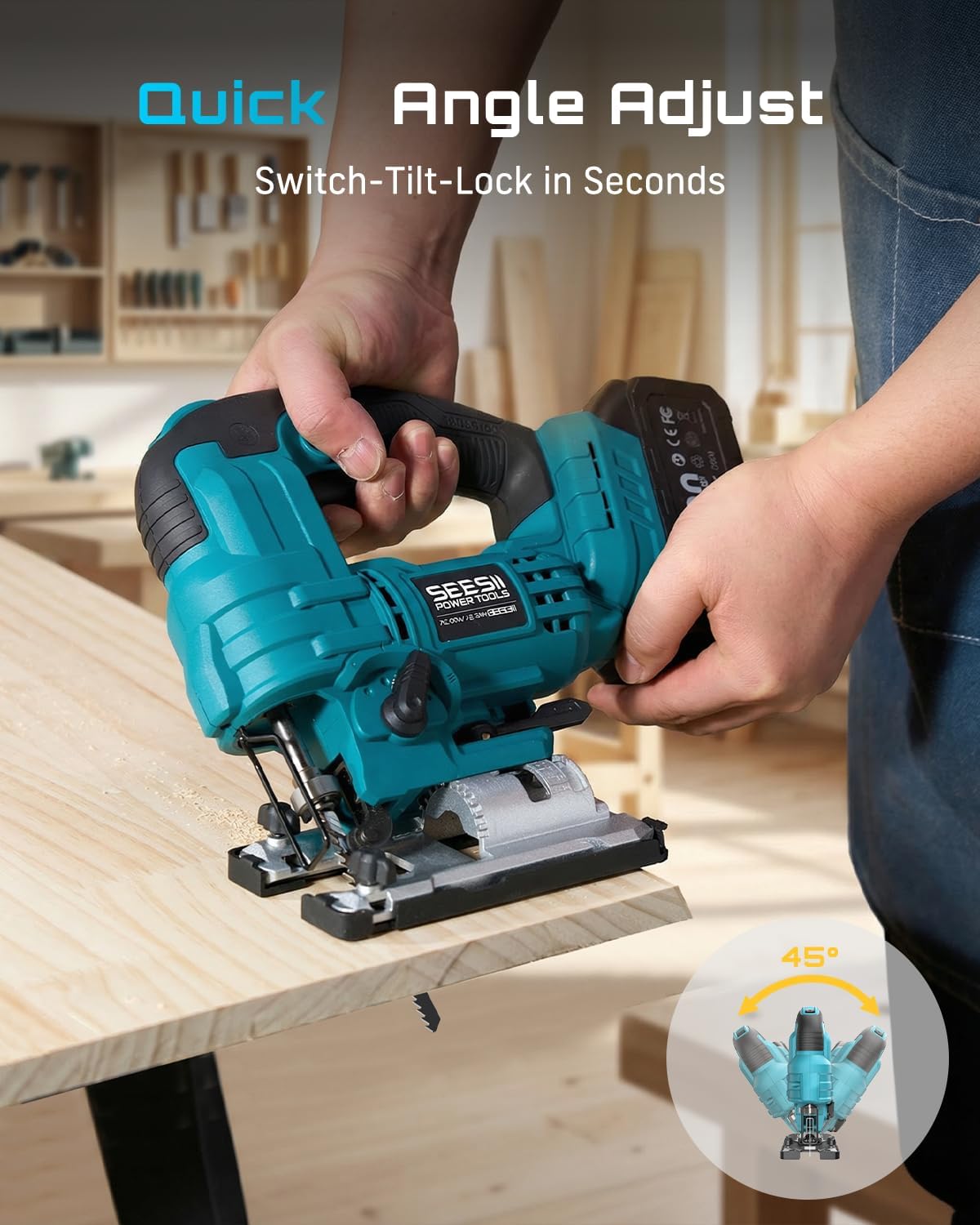 SEESII Brushless Cordless Jigsaw Tool, 2×4.0Ah Batteries, Tool-Free 0–45° Bevel Cutting, 3500 SPM Variable Speed, 4 Orbital Settings, Electric Jig Saw for Woodworking & DIY Projects & Home Use