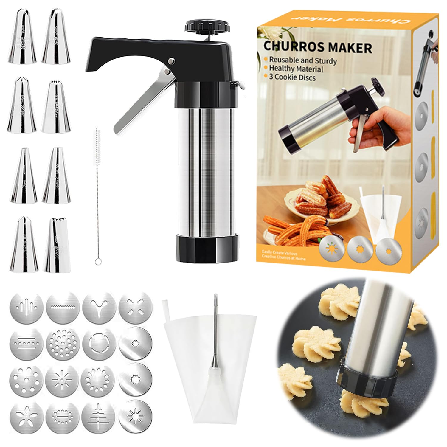 Pressa per Biscotti, Sparabiscotti,Pressa per Pasticceria, Macchina per Biscotti Professionale， con 16 Sagome, 8 Beccucci, Pistola per Dolci in Acciaio Inox Spara Biscotti Professionali