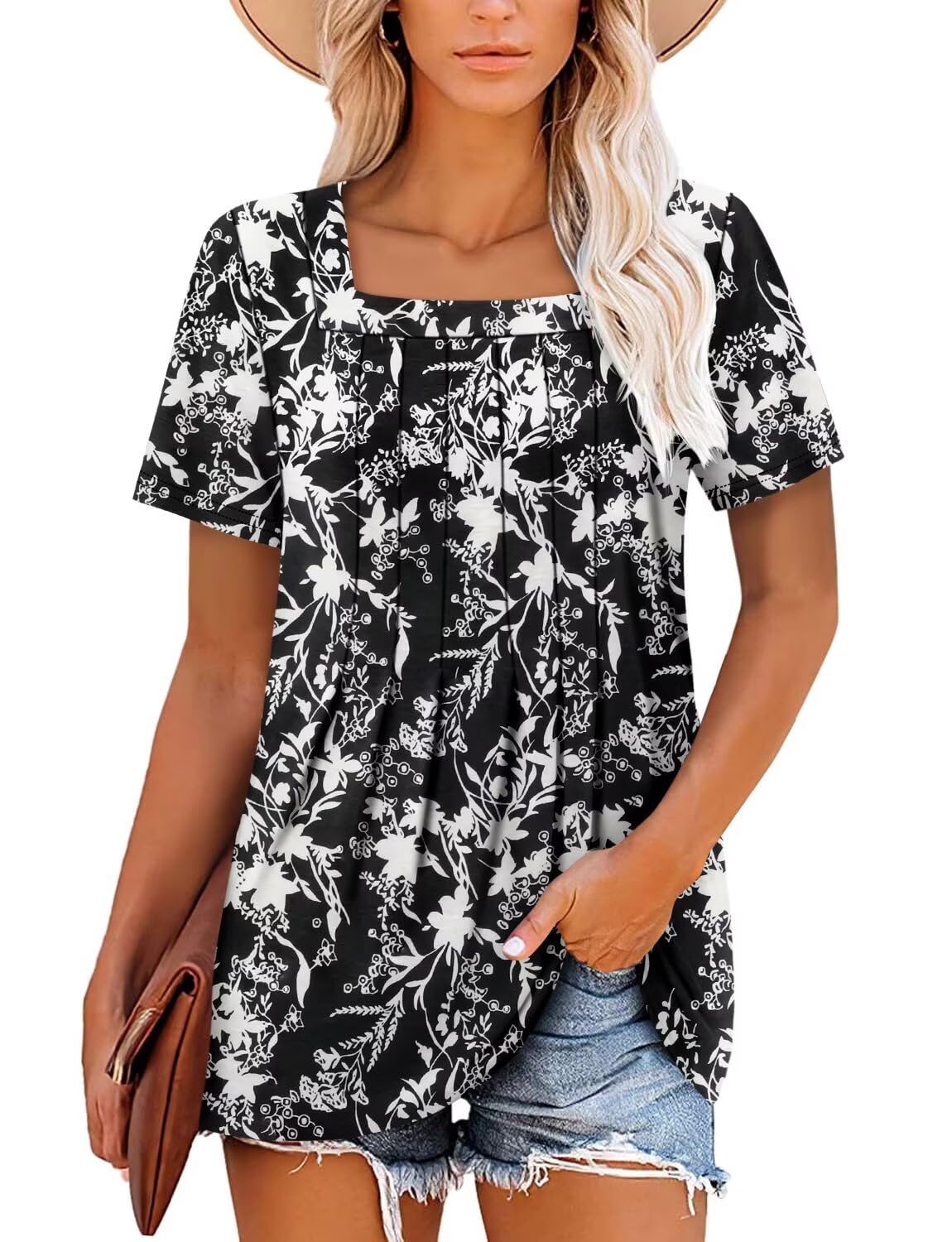 Magritta Womens Blouses Casual Baby Doll Tops Boho Square Neck Short Sleeve Pleated Tshirts Loose Fit Dressy Tunic Shirts