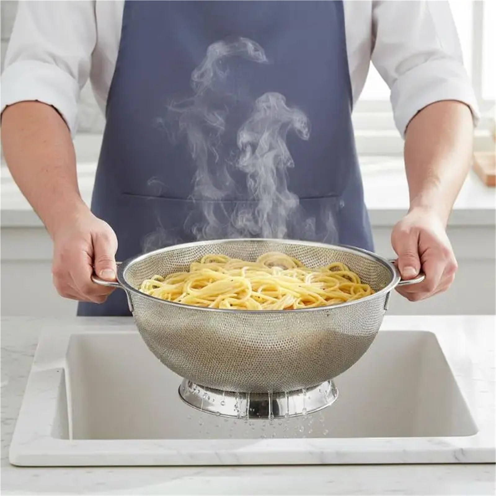 Colador de acero inoxidable con doble Mango, cesta coladora Pasta for alimentos Base anillo sólido autodrenante, filtro malla fina, 2 uds para Pasta Verduras y Frutas