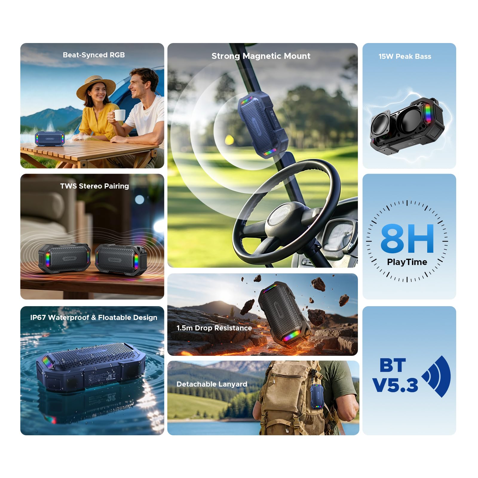 Magnetischer Tragbarer Lautsprecher, 15W Stereo Sound mit TWS Koppelbar, IP67 Wasserdicht 1,5m Stoßfest, Kabelloser Lautsprecher mit RGB-Lichtern, 10Std Akku Speaker für Reisen Outdoor, Blau