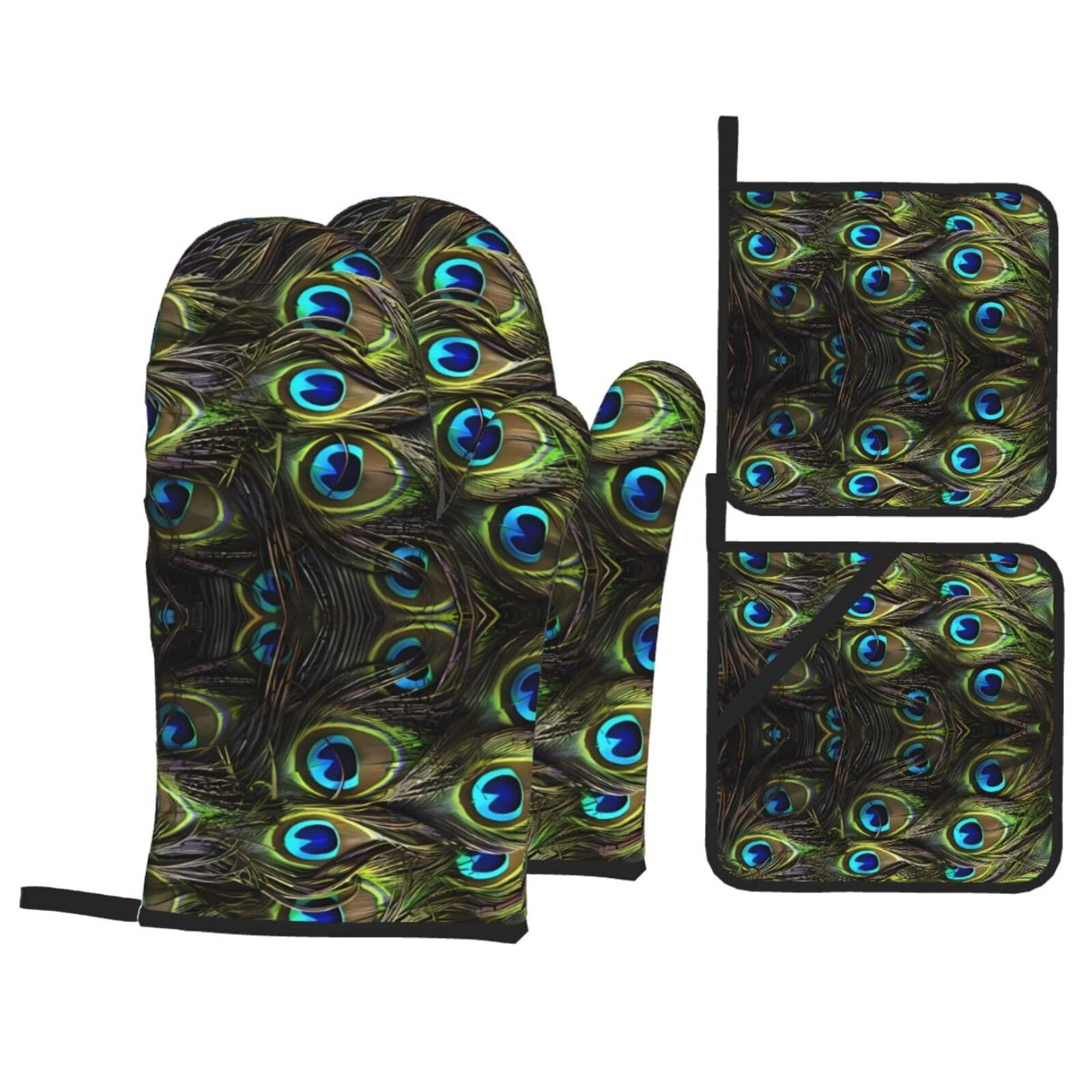 WHJSSF Fresh peacock Prints 4-Piece Waterproof Oven Throws & Heat Resistant Pot Covers – Durable Kitchen Layers for Grilling & Baking