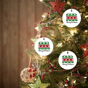 Novelty Christmas Decorations Merry Christmas US North Dakota State Map Christmas Ornaments for Xmas Tree Round Keepsake Porcelain Bauble Stocking Stuffer Souvenir Gift for Parents Kids Children
