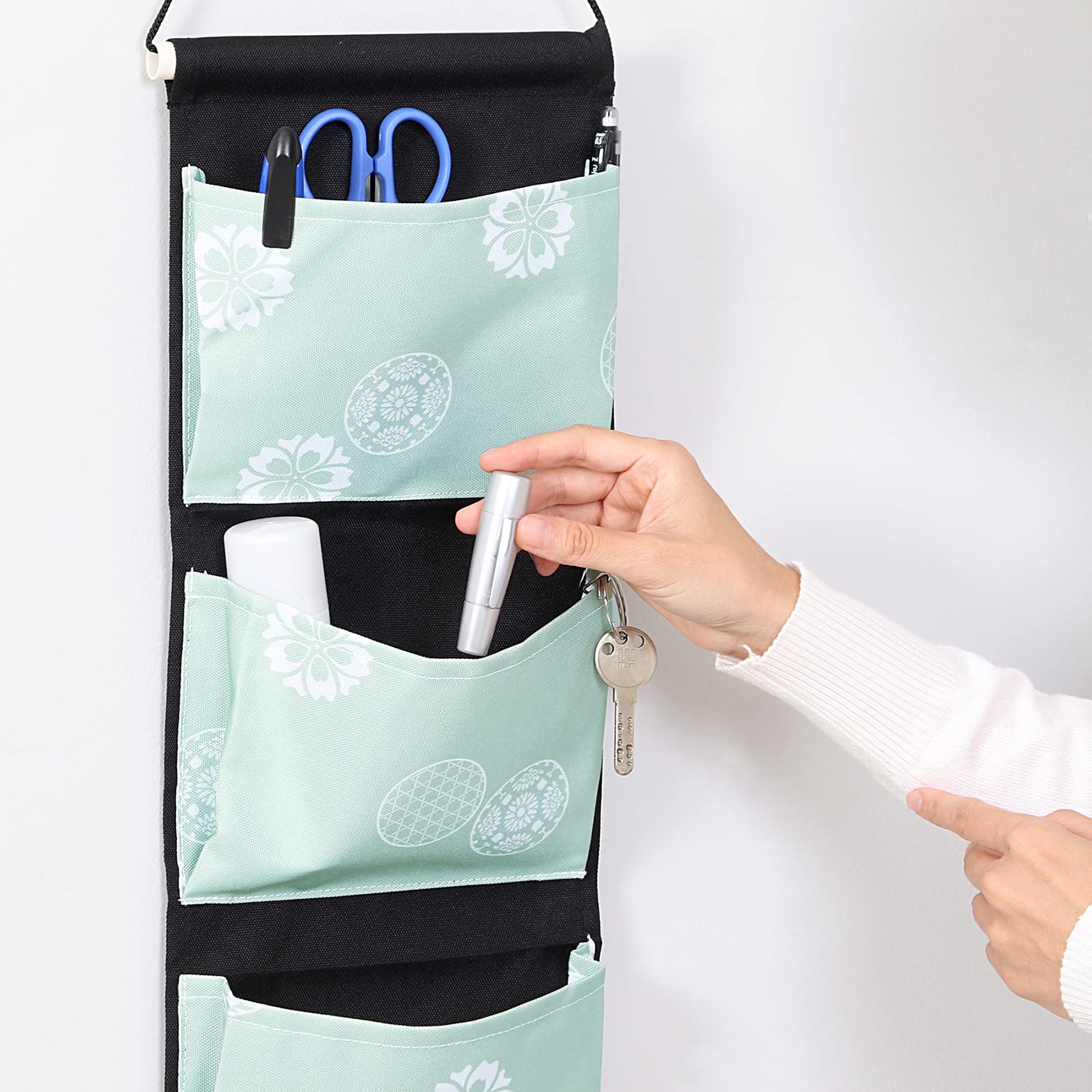 ???? Astro 613-32 Wall Pocket, 3 Tiers, Green x Black, Modern Japanese Pattern, Gusseted Pocket, Wall Hanging Storage