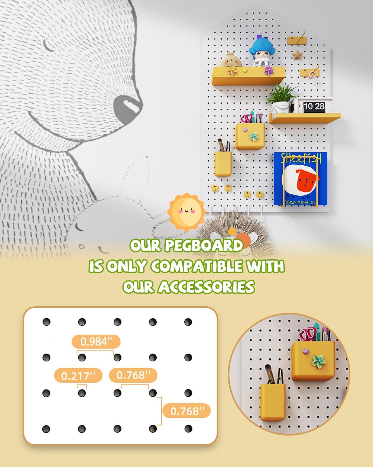 Metal Pegboard Kit — Pegboard Wall Organizer with 26 Accessories, Carbon Steel Pegboards for Home, Office, Study Room, Kids Room, Craft Room, Living Room — 32″ × 20″ Cloud White Peg Board