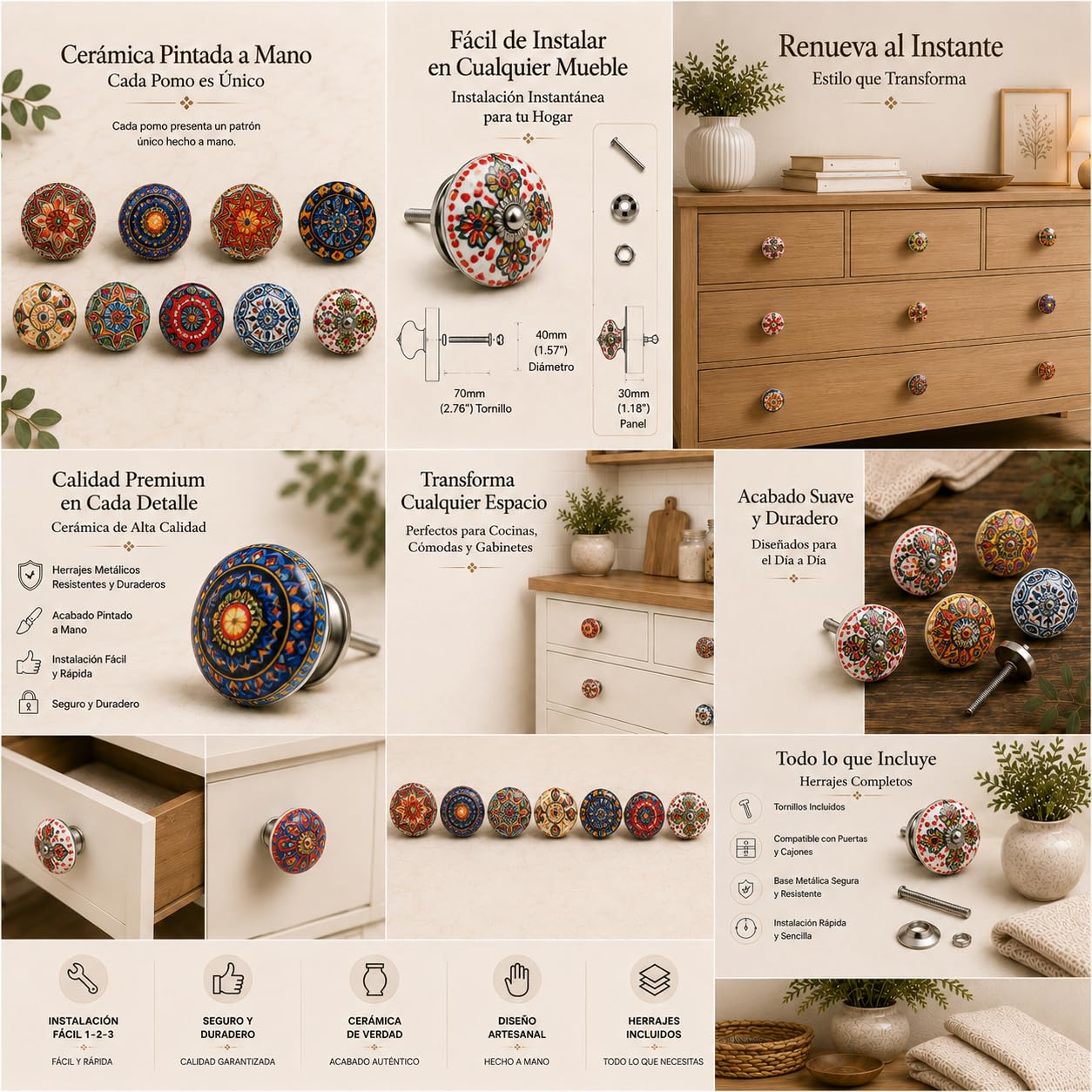 Nacnic 10 Pomos de Cerámica con Flores Estilo Mandala | Tiradores Artesanales para Cocina Cajones Armarios Muebles de Baño | Perillas de Pintadas a Mano | Diámetro y Longitud Perno 40 mm