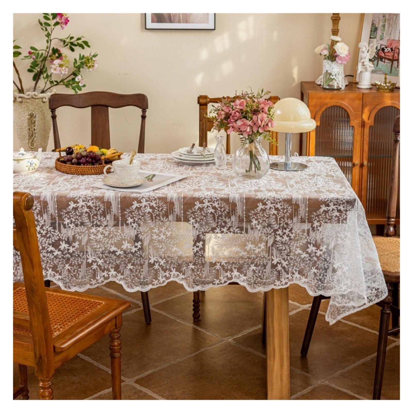 NJIEzhao Embroidered Lace Tablecloth Rustic Lace Tablecloth Rectangle Embroidered Vintage Tablecloths for Wedding Reception Party Dining(White,135x240cm)