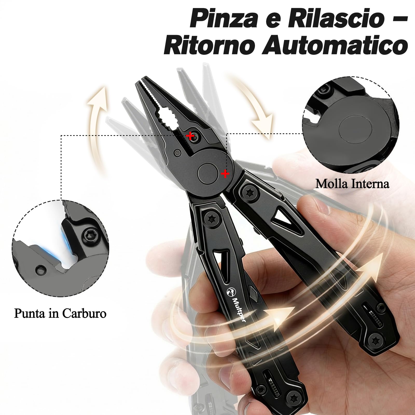 Multper Regalo Uomo, 26-in-1 EDC Multitool, Pinza Multiuso con Coltellino, Pinze Ad Ago, Tronchesino, Set di Cacciaviti e Altro, Attrezzatura di Sopravvivenza e Campeggio, Acciaio Inossidabile, Nero