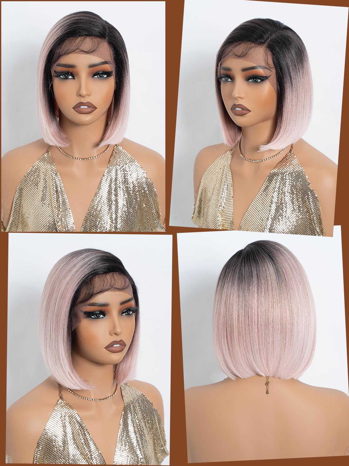 Joedir Ombre Pink Bob Wig with Side Part Synthetic Lace Front Wigs with Baby Hair 10 Inch Short Straight Bob Wig for Black Women - Image 3