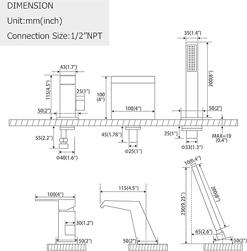 Miniatura 7 de LIWEIKE Grifo de bañera romano con pulverizador, grifo de bañera romano negro mate, montaje en cubierta, juego de grifo de bañera de 3 agujeros con