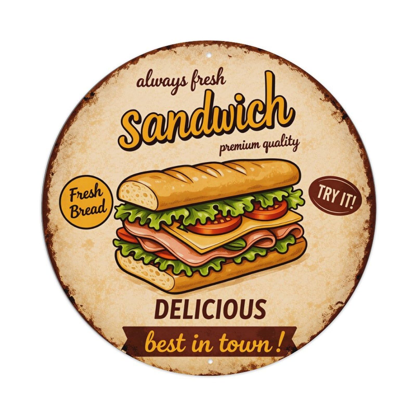 Fresh Bread Sandwich Premium Quality Delicious Round Tin Sign Vintage Metal Poster, Home Bar Garage Man Cave Cafe Indoor & Outdoor Wall Decoration 8x8Inches
