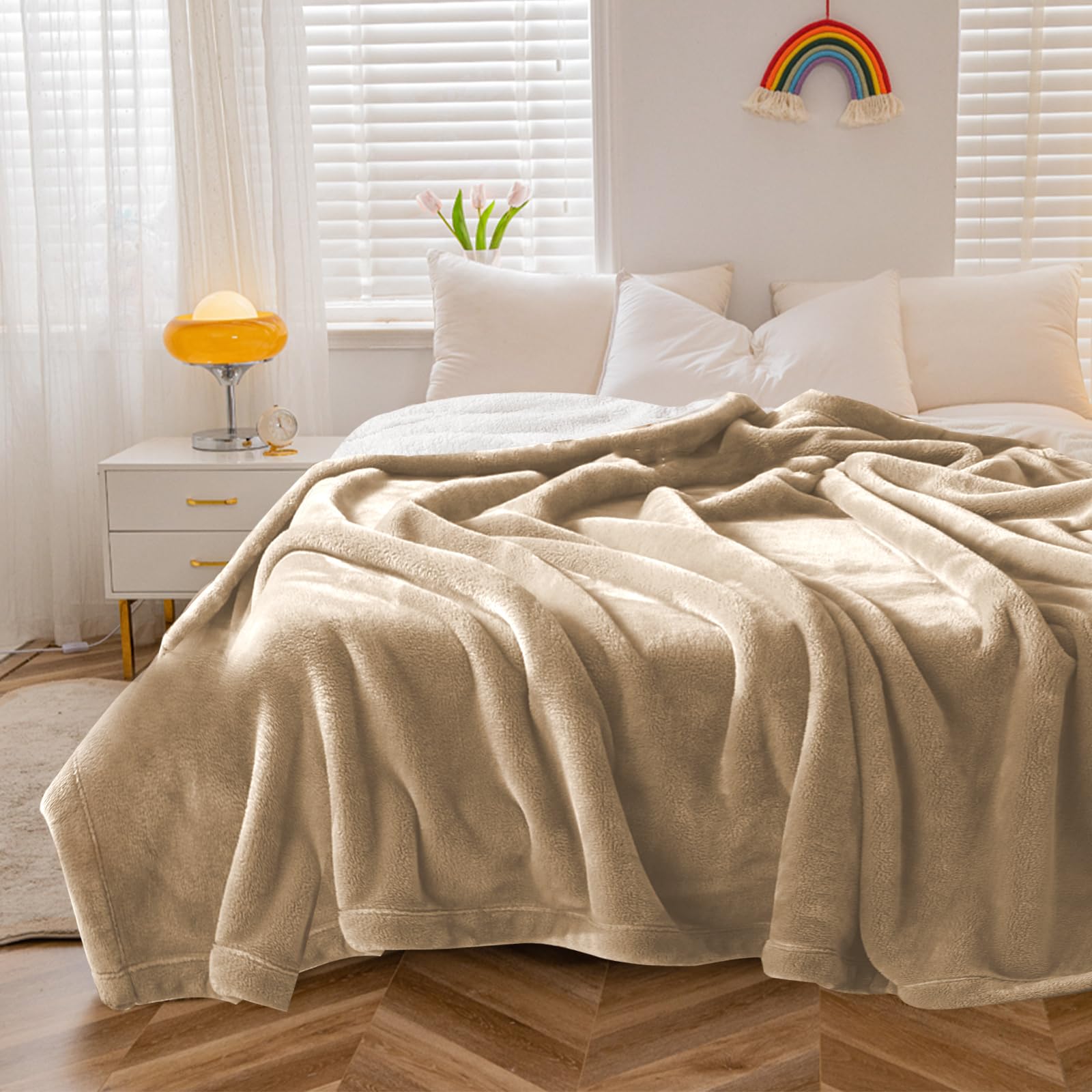 Haltune Waterproof Beige Blanket for Bed 230x203cm, Flannel & Sherpa