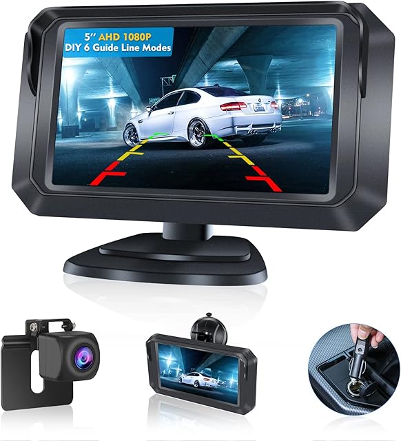 DIY 6 Guide Lines5'' Reversing Camera Kit 1080P AHD Reverse Camera Rear Camera Car Rear Reversing Camera Monitor Reversing Camera Kit for Vans Cars IP68 Waterproof Car Rear View Camera Night Vision