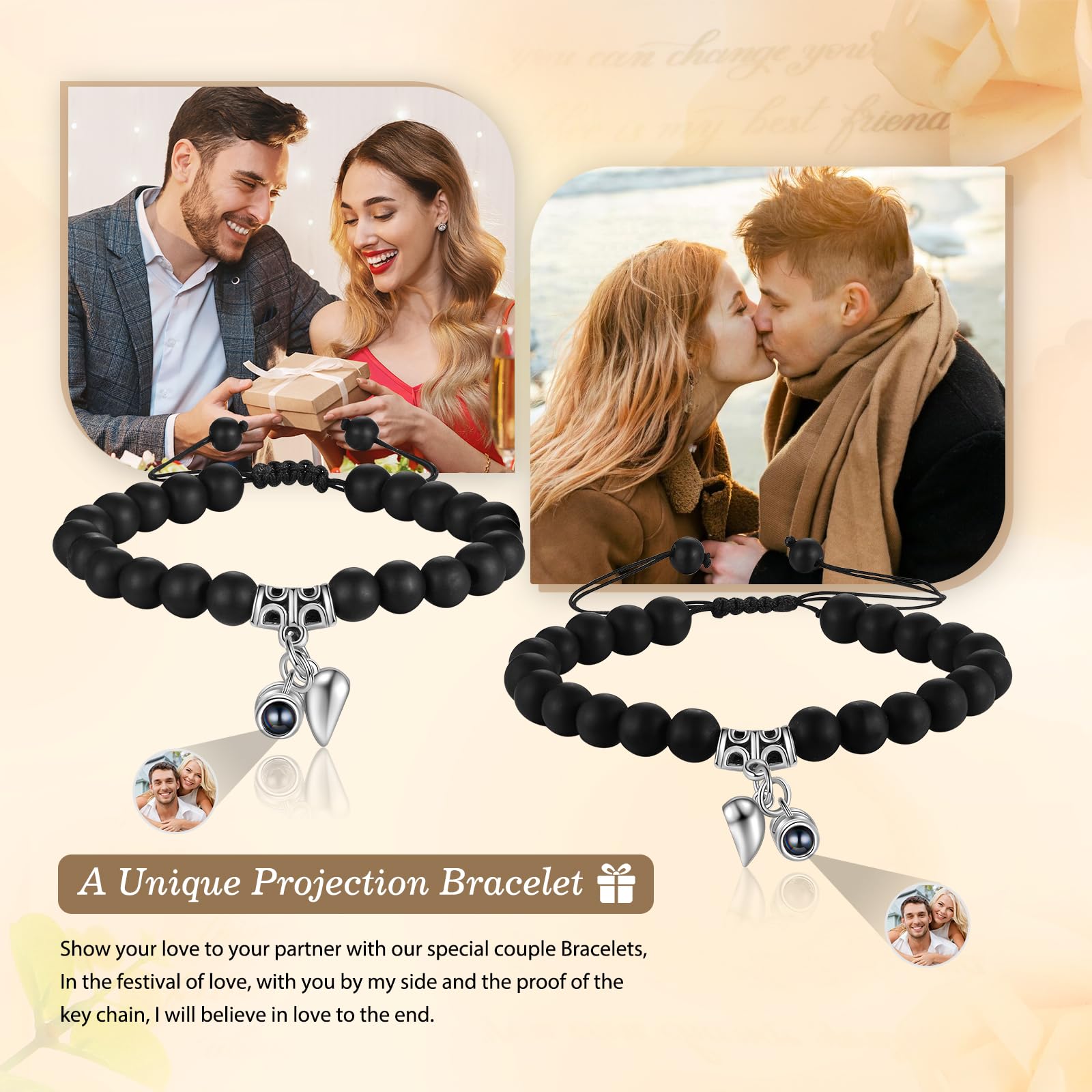 Set Di Bracciali Per Coppie 2 Pezzi Bracciale Con Proiezione Foto Personalizzata Con Ciondolo Magnetico Cuore, Regalo Di Natale E San Valentino Per Fidanzato Fidanzata