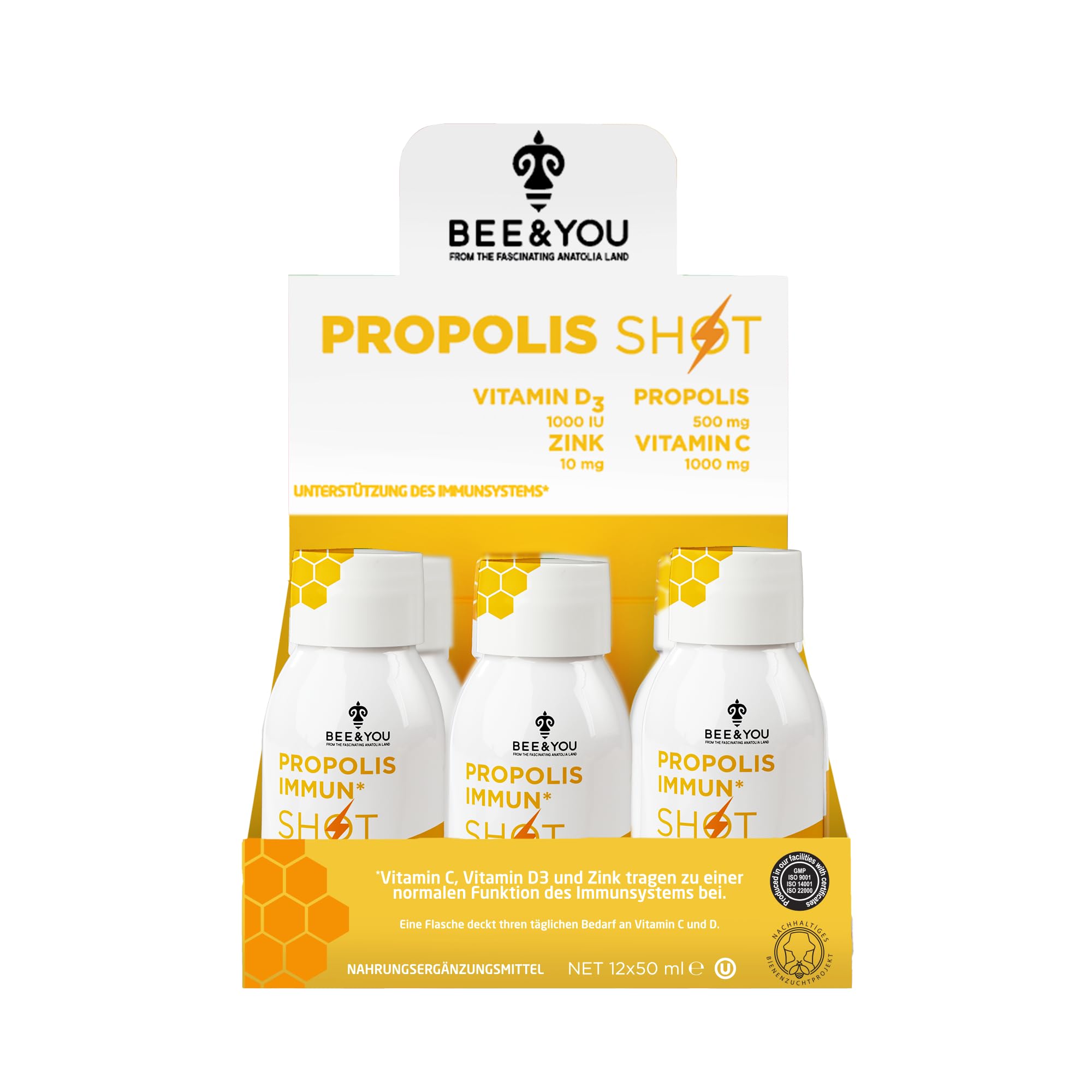 BEE and You Immune Support 100% Natural Propolis Shot Supplement, Antioxidants, Vitamin C, VIT D3, Zinc, Orange Juice, Raw Honey, 1.69 fl. oz x 12 Bottles