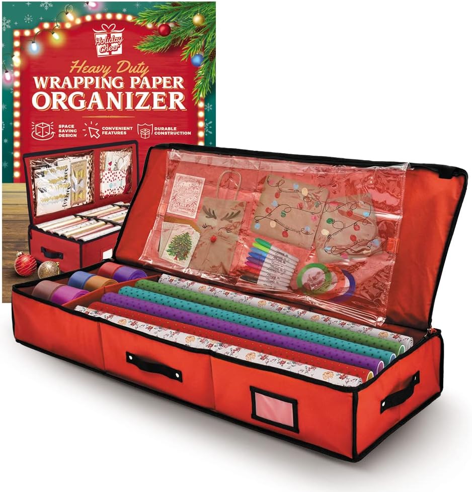 Holiday Cheer Premium Wrapping Paper Storage with Interior Pockets, Perfect for Holiday Storage and Organization and for Christmas Storage – Fits 18-24 Standard Rolls (Red)