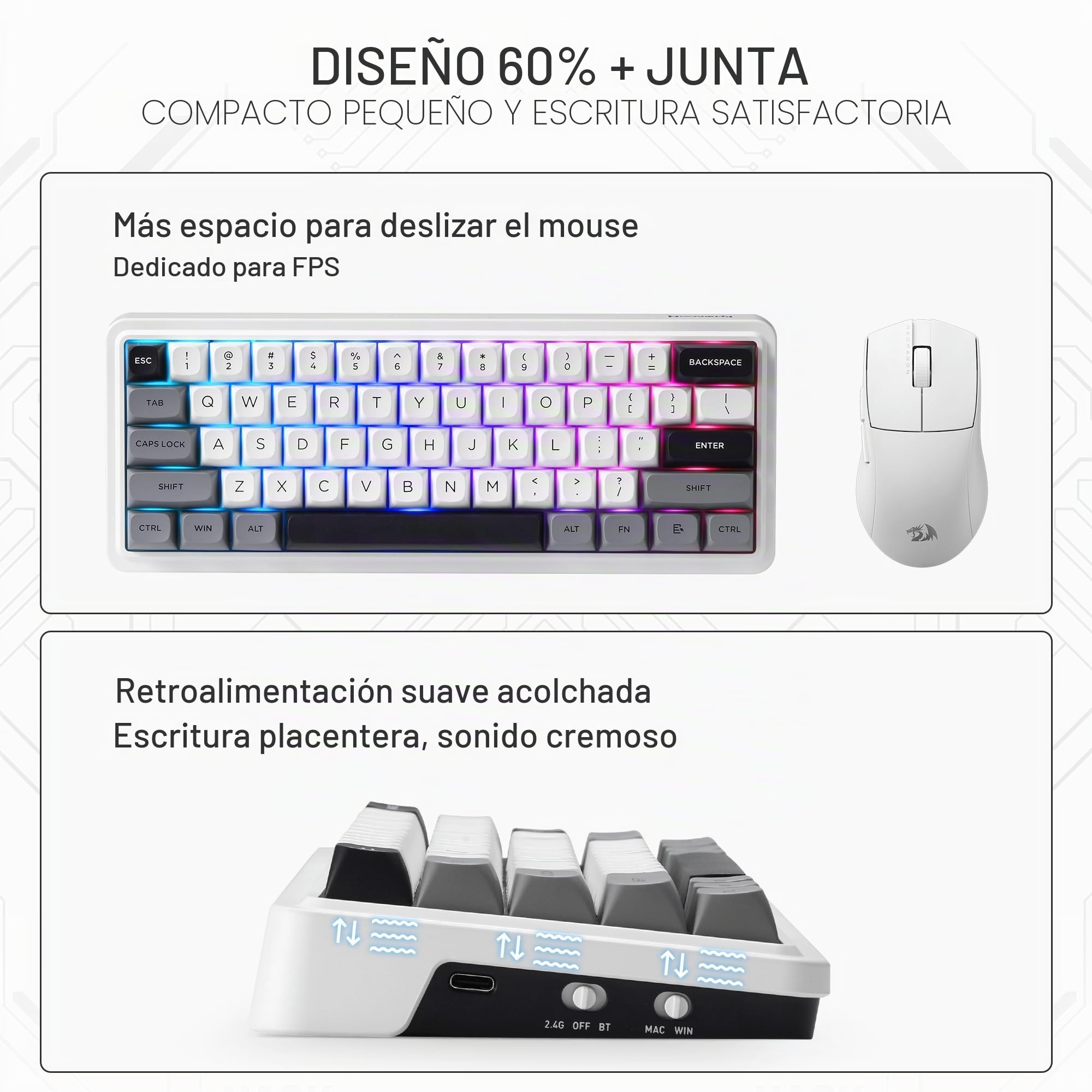 Redragon K722 Pro Teclado Gaming RGB Gasket 60% Inalámbrico Hot Swap | Base Free-Mod Compacto Mecánico 5 Capas Amortiguación Ruido Tapas Teclas Redondas PBT US Layout