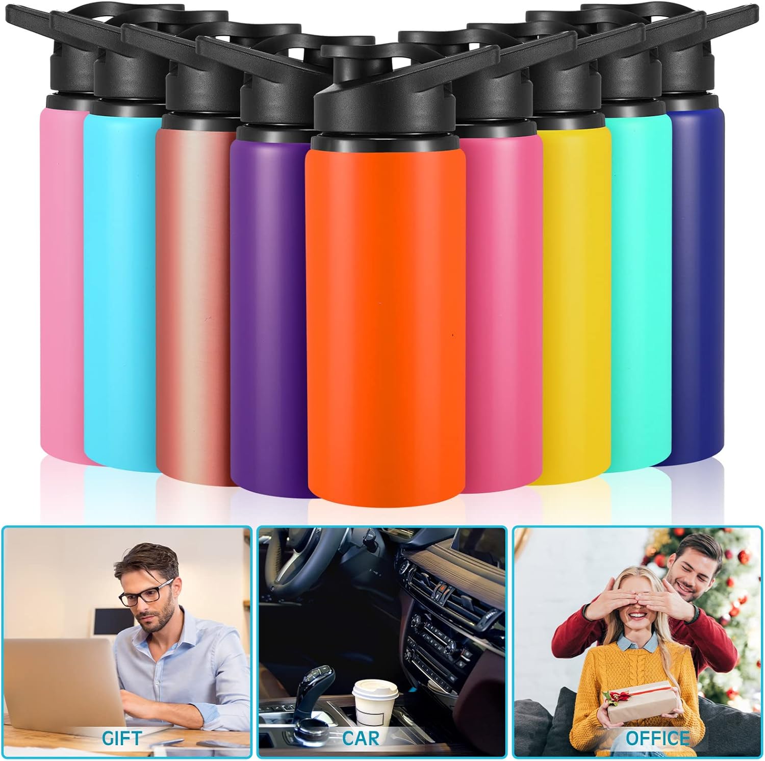 Yinder 16 Pcs Aluminum Water Bottle Bulk Multicolor Reusable Sports Bottle with Snap Lids Multipack Vacuum Water Flask for Travel Camping, Picnics, Gym, Hiking, Cycling, Fishing(Assorted Color,20 oz)
