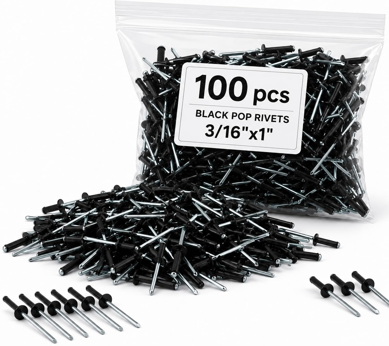 100PCS Aluminum Pop Rivets 3/16 x 1'' Black – Assortment Kit Black Aluminum Rivets Closed End with Big Head for DIY &amp; Industrial Use