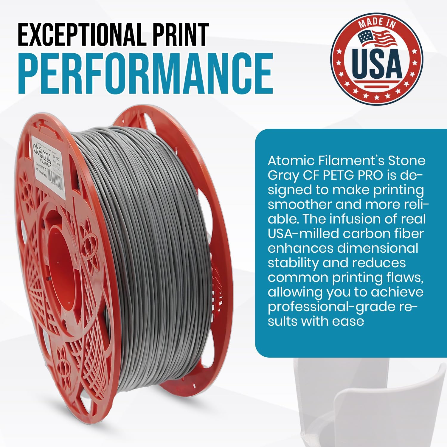 Atomic Filament PETG Carbon Fiber, 1.75mm +/-0.02mm Dimensional Accuracy 99% Probability – AMS Compatible – Fits Most FDM Printers (Stone Gray, 1KG)